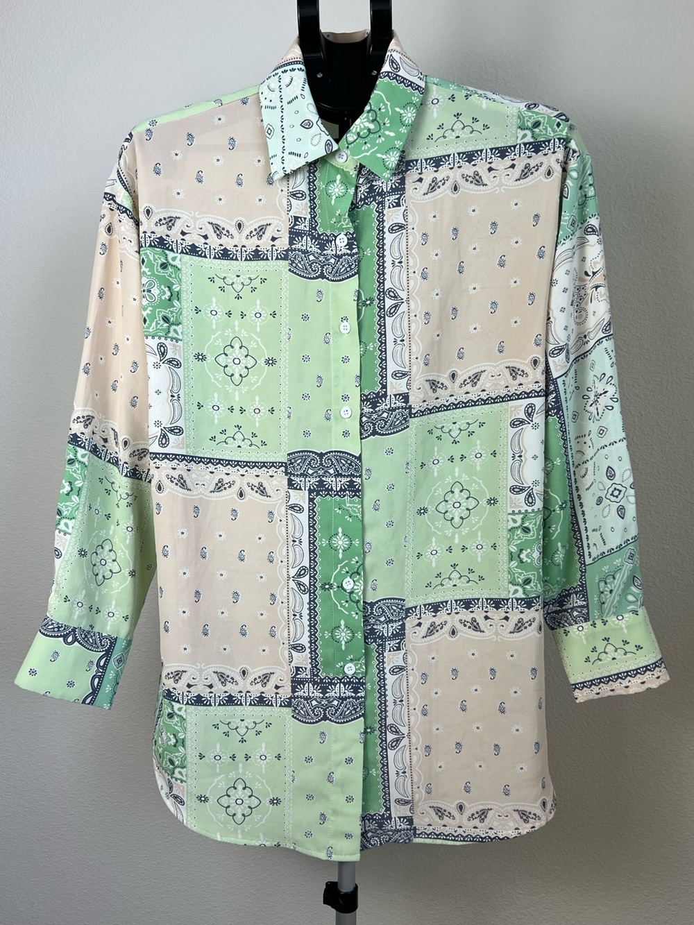 Sage Green Bandana Patchwork Paisley Blouse Boho Western Cottagecore XS